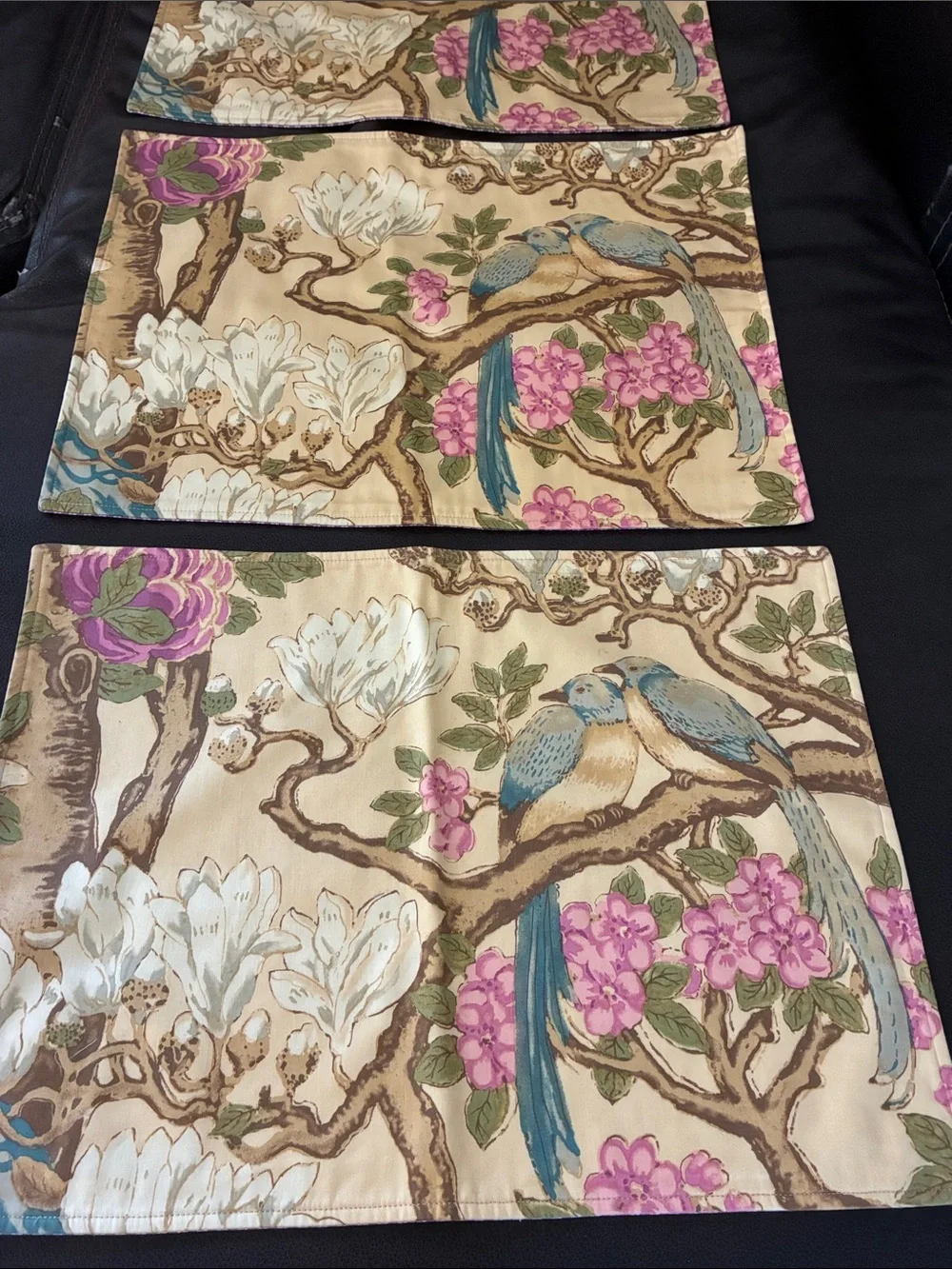 Juliska Beige Placemat Set of 3 with Blue Birds and Pink Flowers 19 X 14”